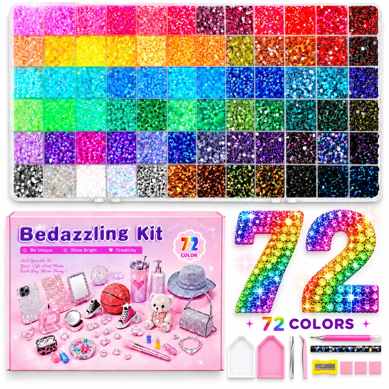 Bedazzling Kit - 72-Color Synthetic Flatback Rhinestones with Tools & Accessories for DIY Nail Art Decorations (Beauty & Personal Care Nail Care Accessory)