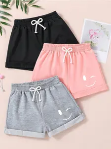 Teen & Preteen Girls 3-Piece Shorts Bundle, Soft Elastic Waist with Bow Drawstring Shorts with Playful "Winking Face" Print, Comfortable Casual Shorts for School, Sports & Everyday Wear