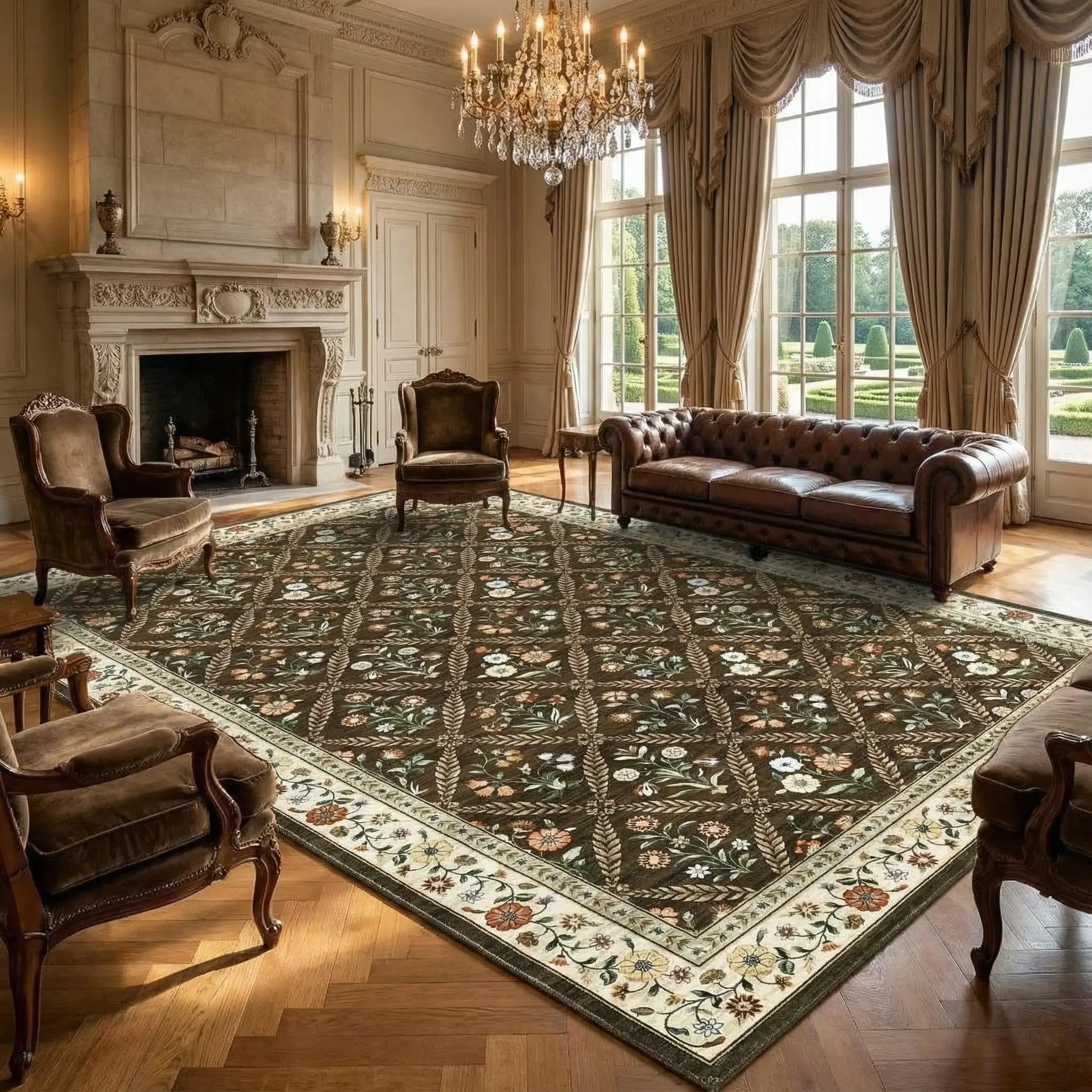 Garvee Large Area Rugs 10x13 Washable Rug for Spring Farmhouse Floral Carpet Brown Natural Soft Non Slip Low Pile Faux Wool Stain Resistant for Bedroom Kitchen Bathroom Laundry