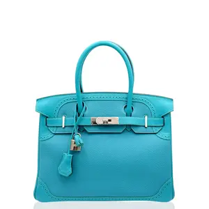 Pre-owned HERMÈS Leather tote bags Hermes Birkin 30 Togo Swift 7B Turquoise (0325m4)