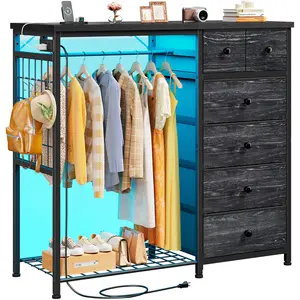 Raybee 49.2" Rustic Brown Dresser with 6 Drawers, LED Lights & Charging Station, Hanging Rack, Wooden Top & Grid Panel, Modern Fabric Storage for Bedroom & Closet