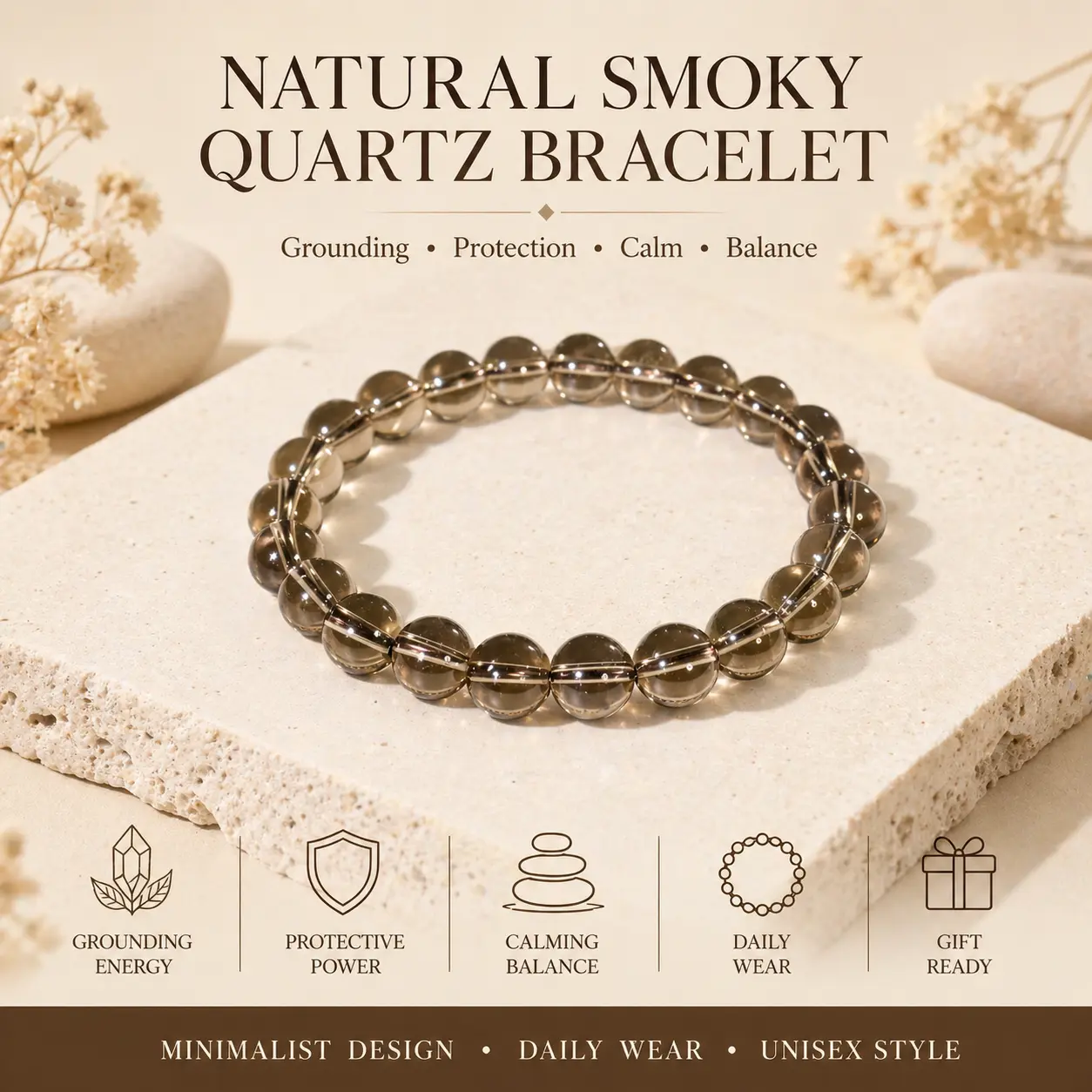 Natural Smoky Quartz Crystal Bracelet - Beautiful Bracelets for Adults' Daily Wear, Energy Grounding, Protection, Calm Your Mind, Unisex Daily Gift, TikTok Viral Fashion Accessory, SummerWins DealsForYouDays, Crystals And Healing Stones