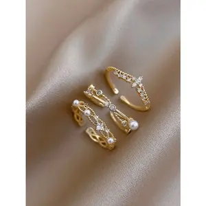 Women's Elegant 3-Piece Copper Geometric Cross-Open Rings Set, Adjustable Size, Fashion Costume Jewelry Accessory