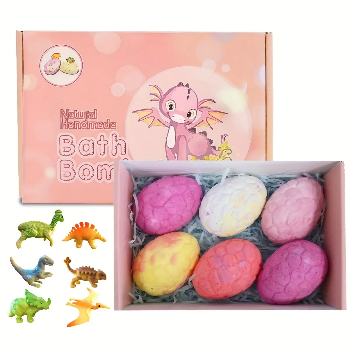 6-Piece Dinosaur Bath Bomb Set, Body Care Kit with Individual Surprise Inserts, Fun Christmas & Birthday Gift for Kids