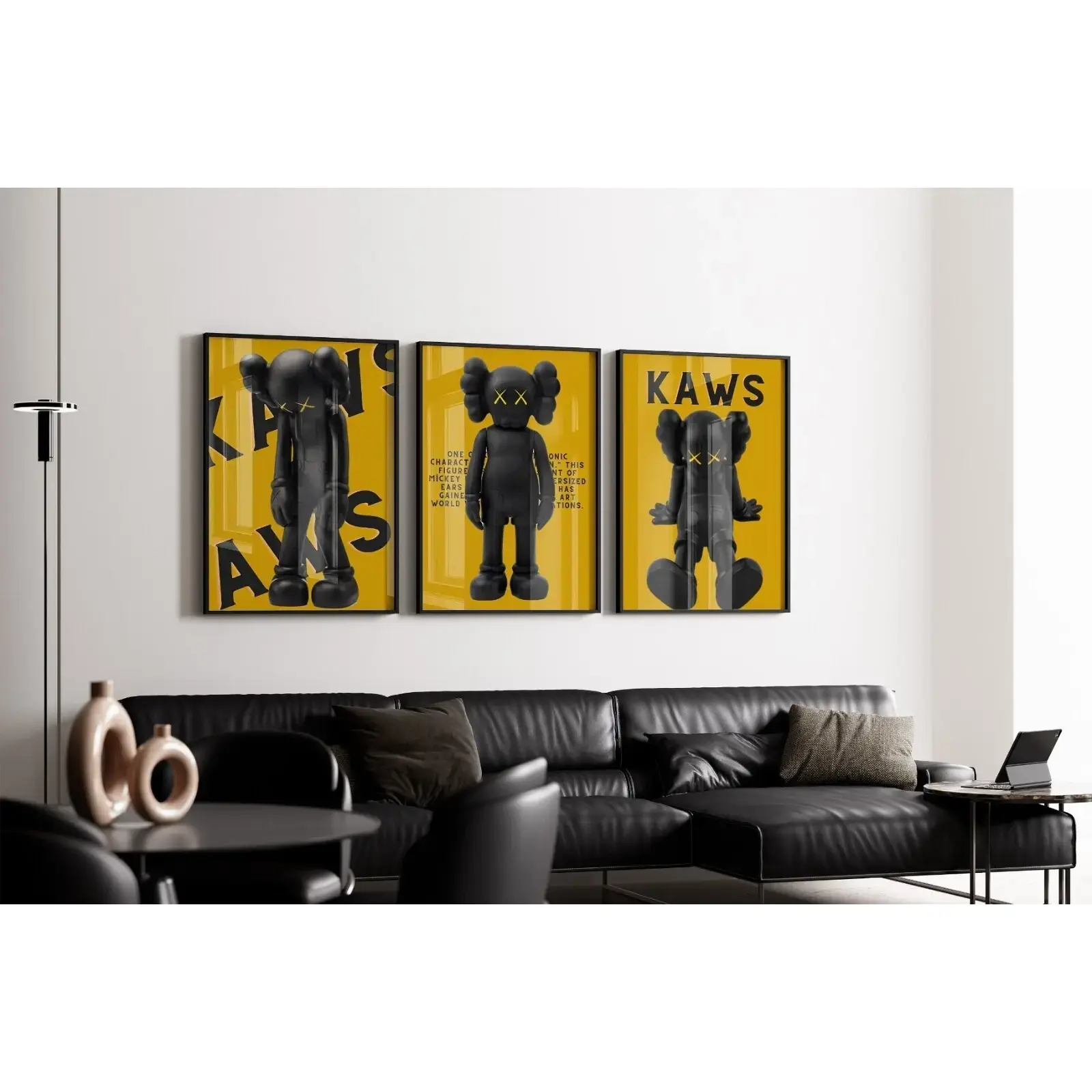 Set of 3 Black & yellow Kaws Art pieces, home decor , Product without frame