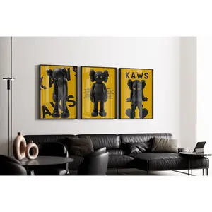 Set of 3 Black & yellow Kaws Art pieces, home decor , Product without frame