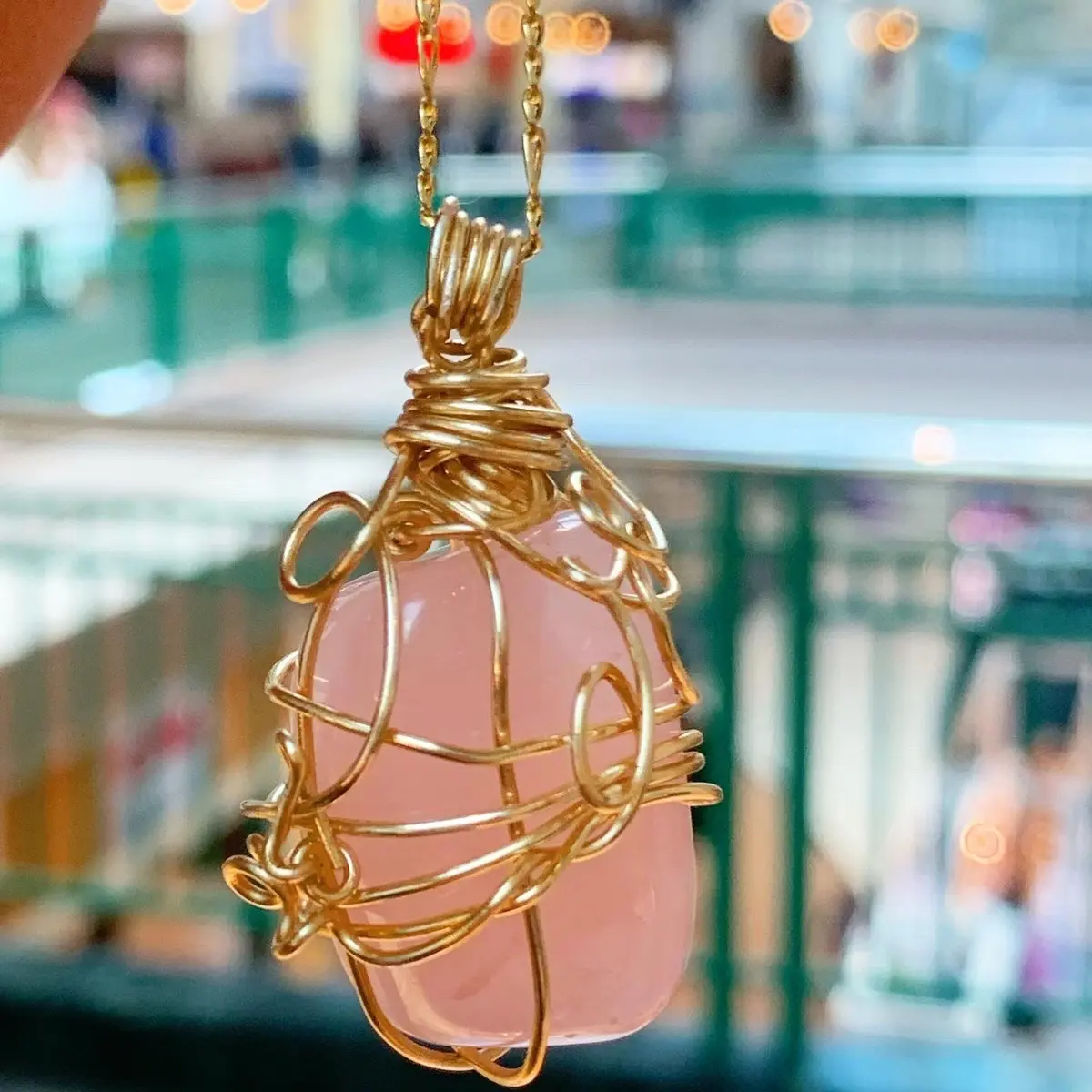 Handmade Wire Wrapped Rose Quartz Pendant in Non-Tarnish Gold Color
