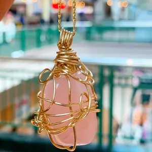 Handmade Wire Wrapped Rose Quartz Pendant in Non-Tarnish Gold Color
