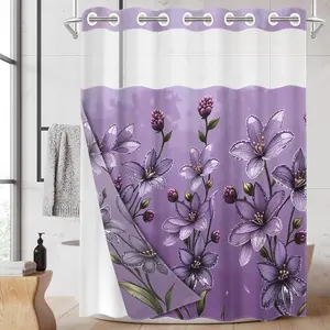 1pc hookless shower curtain with buckle lining, spring-themed purple floral design with 2D flat printing, waterproof fabric lining, double-layered shower curtain with see-through window, 71 x 74 inches, modern home draping curtain.