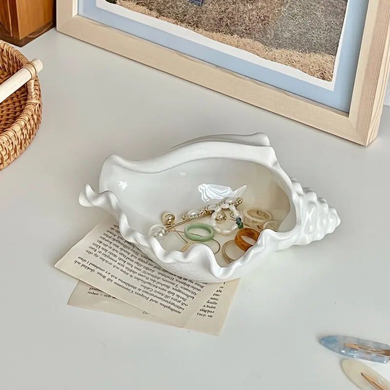 Ceramic Conch Shell Jewelry Storage Tray, Artistic Home Decor Ornament, Entryway Key Holder Plate, Stylish Living Room Accessory, Home Jewelry Organizer, Jewelry Box