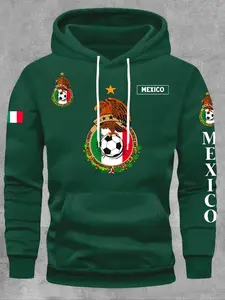 Men'S Hoodie - Mexico Flag Eagle Print, Casual Fall/Winter Sweatshirt with Kangaroo Pocket, Hooded Design, Geometric Pattern, Regular Fit, Slight Stretch Fabric, Perfect for Couples, Mexican Apparel | Trendy Pullover | Quality Fabric