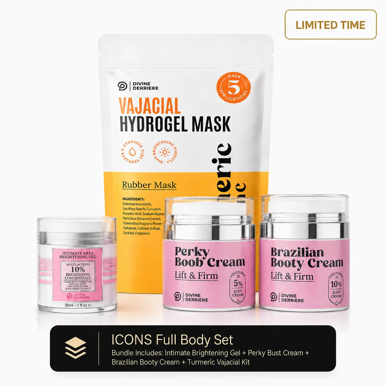 ICONS Full Body Set - Save $55 | Divine Derriere Intimate Brightening Gel + Turmeric Vajacial Kit + Brazilian Booty Cream + Perky Bust Cream | The Ultimate Brighten, Smooth, Tone, Lift & Firm Body Care Routine