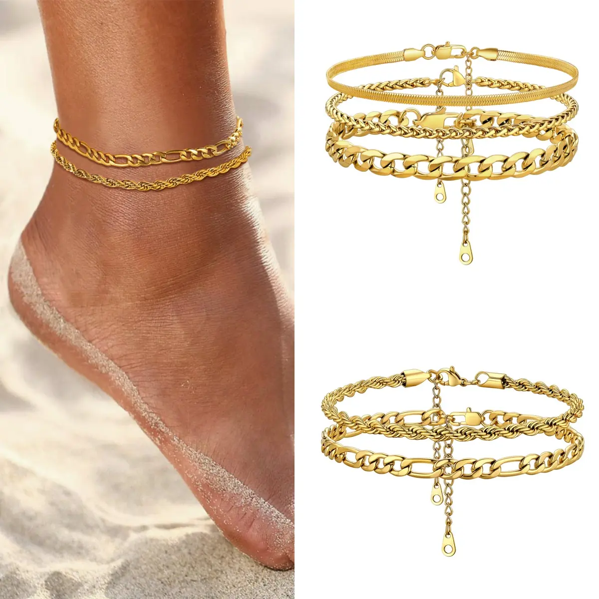 FindChic Stackable Cuban Chain Anklet Sets For Women Stainless Steel Rope Figaro Cuban Snake Wheat Chain Layered Anklet Pack Summer Jewelry Beach Jewelry Fashion Foot Jewelry For Women Girlfriend Birthday Anniversary Wedding Christmas Holiday Gift Box