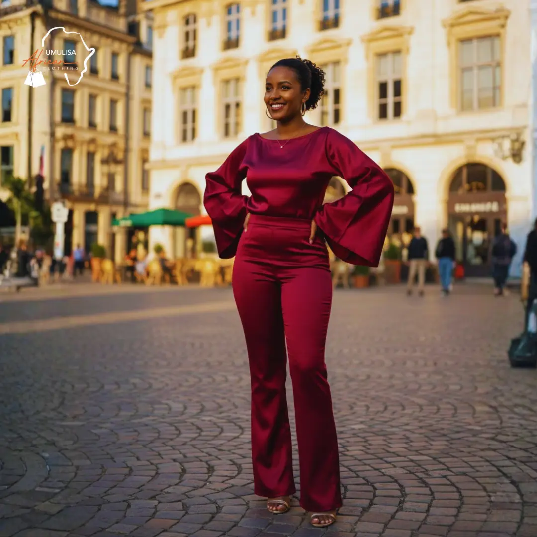 Elegant Burgundy Satin Two Piece Set – African Matching Outfit Women (Amara Luxe Set)