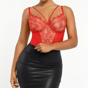 Shapellx Women One-Piece Sexy Lace Spliced Thong Bodysuit Tummy Control Shapewear Modifiable Shoulder Bands Back Clasps Wearable Outside Womenswear live