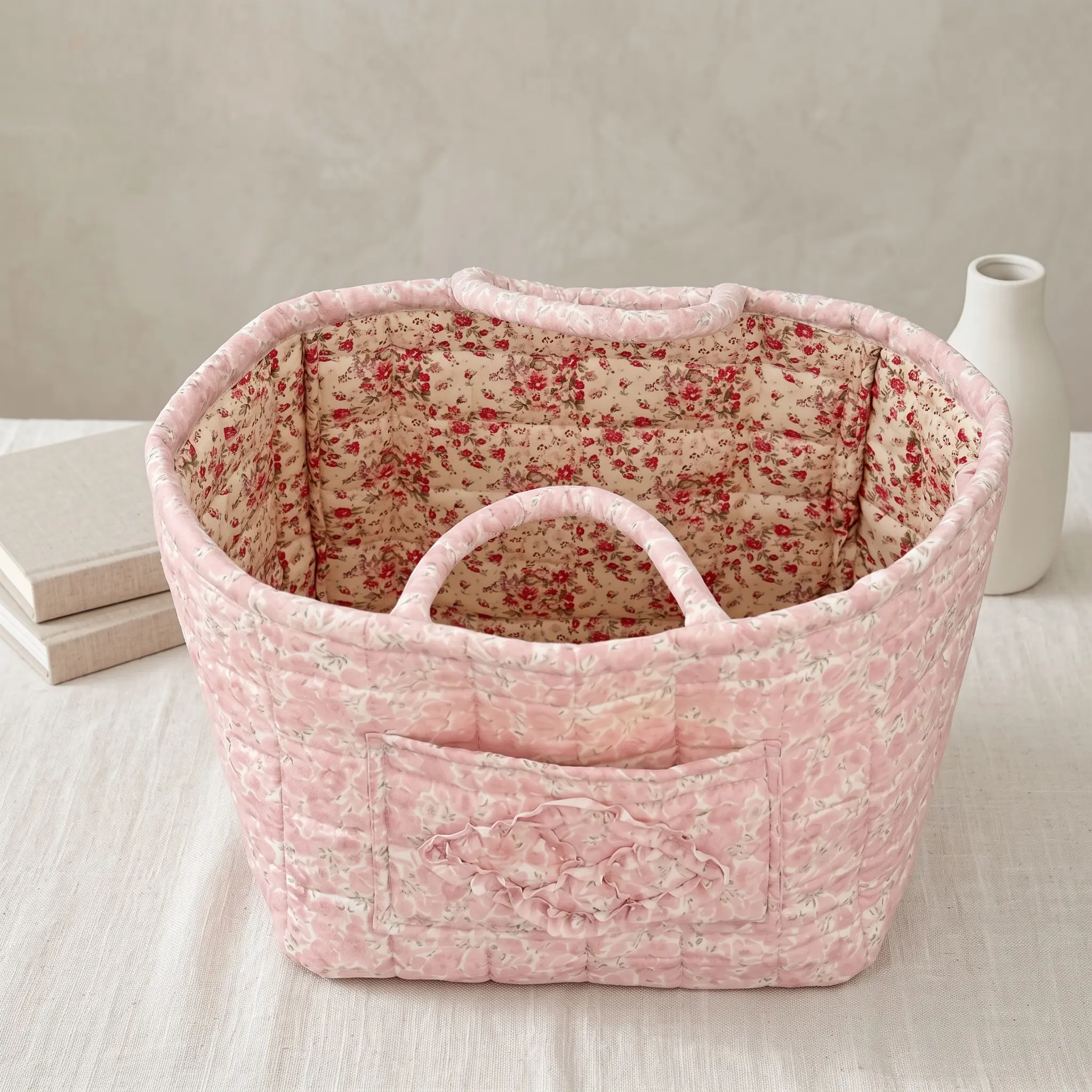 Quilted Tote Bag for Women, Cute Retro Floral Print Padded Cotton Basket, Large Capacity Organizer for Shopping Trips & Car Accessories, Quilted Texture, Retro Cute, Soft Cotton, Foldable, High-Capacity, Lightweight, Holiday, Multi-Function, Quilted Tote