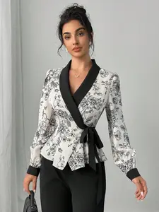 Elegant Romantic Printed Floral Side Bow Slim Fit Shirt Blouse, Long Sleeve Top for Spring Summer Vacations and Commuting, Chic Women's Attire
