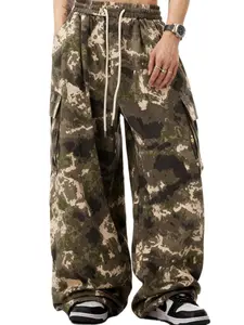 Bakyarder Men's Camo Baggy Cargo Pants,Hip Hop Wide Leg, Casual Long Trousers Unisex Streetwear with Drawstring Waist