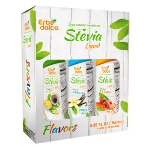 (Pack of 4) Erba Dolce Stevia Liquid Sweetener 3 Flavor Pack - Natural, Vanilla, Caramel 6.09 Fl Oz