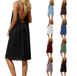 Women's Solid Color Cami Lounge Dress, Elegant Sleeveless Knee-Length Dress for Summer, Ladies Sleepwear for Indoor Wear