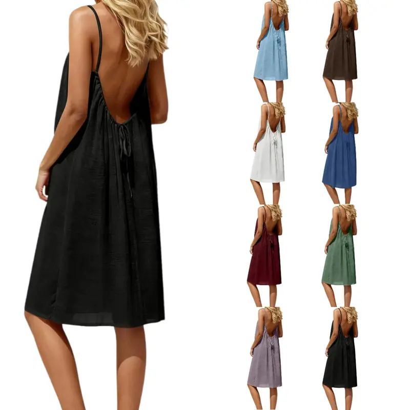 Women's Solid Color Cami Lounge Dress, Elegant Sleeveless Knee-Length Dress for Summer, Ladies Sleepwear for Indoor Wear