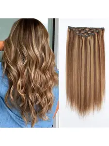 90Grams/Set/8pcs Clip in Human Hair Textured Extensions Wavy Curly Hair Double Wefts Clip ons For Fashion Women Chocolate Brown Mixed Sun Kissed Honey