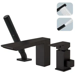 BESy Brass Waterfall Roman Bath Tub Faucets with Sprayer, Deck Mount Bathtub Faucets Set, Tub Filler with Brass 2 In 1 Handheld Hand Shower SPrayer with Valve, cUPC Lines, Matte Black