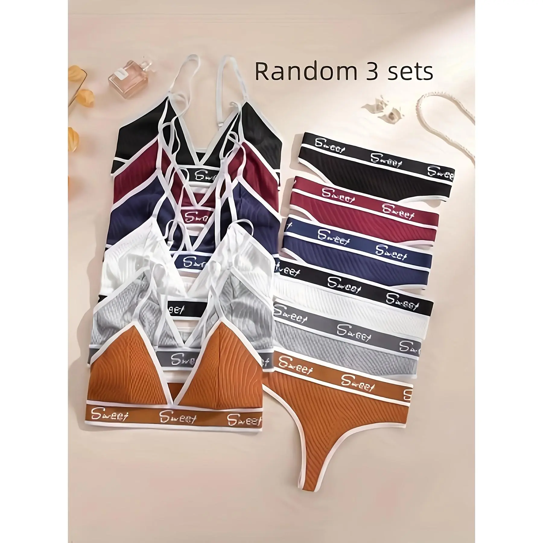 Women's 3-PACK Lingerie Set - Strap Triangle Cup Bra, Micro Bikini Underwear, Letter-Printed Activewear Sportswear Top, Random Colors, Comfortable Breathable Athletic Wear for Daily Basic Use, Training