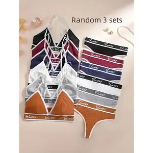 Three-piece set with random colors, women's sports tops and underwear sets, women's letter printed underwear sets, triangle cup bras and micro bikini underwear, comfortable and breathable, suitable for daily basic wear, outer wear, training, sports, yoga,