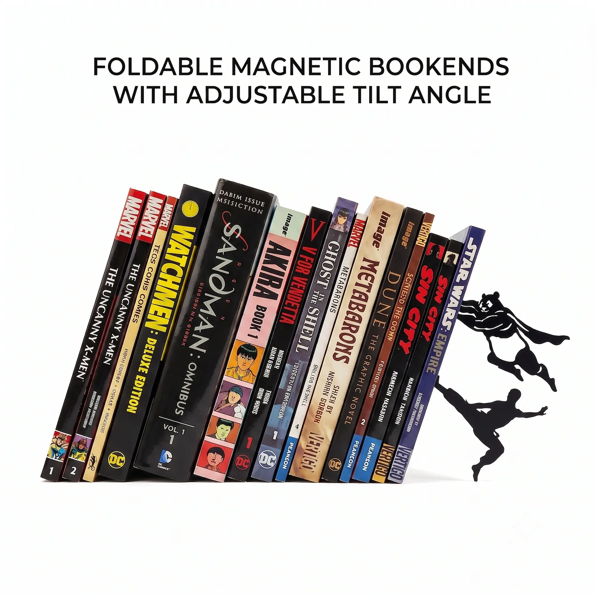 Creative Magnetic Bookends Suitable for All Books, Adjustable Tilt Foldable Metal Book Ends with Detachable DIY Kung Fu & Superhero Panda Figures, Non-Slip Base Desk Organizer, Novelty Reading Gift