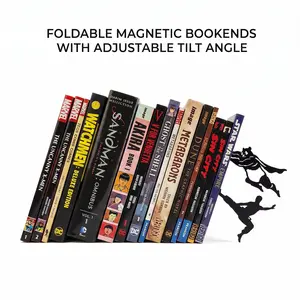 Creative Magnetic Bookends Suitable for All Books, Adjustable Tilt Foldable Metal Book Ends with Detachable DIY Kung Fu & Superhero Panda Figures, Non-Slip Base Desk Organizer, Novelty Reading Gift