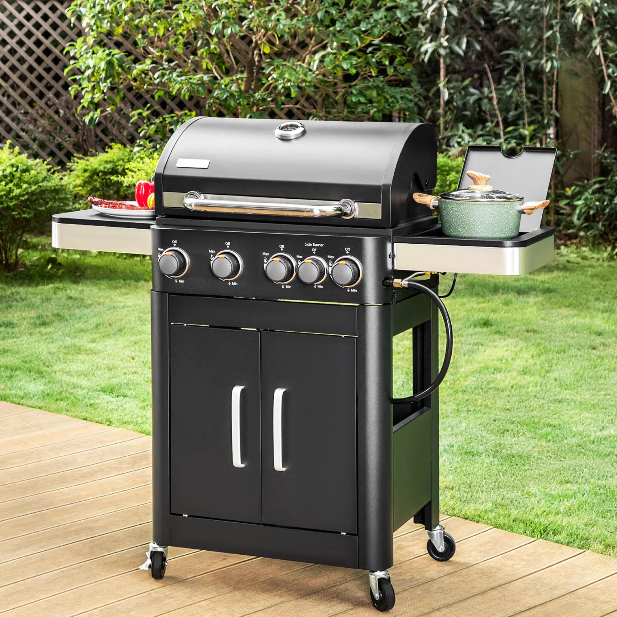 PHIVILLA 4-Burner Propane Gas BBQ Grill with Side Burner & Porcelain-Enameled Cast Iron Grates, 46,700 BTU Output for Outdoor Cooking Kitchen and Patio Backyard Barbecue