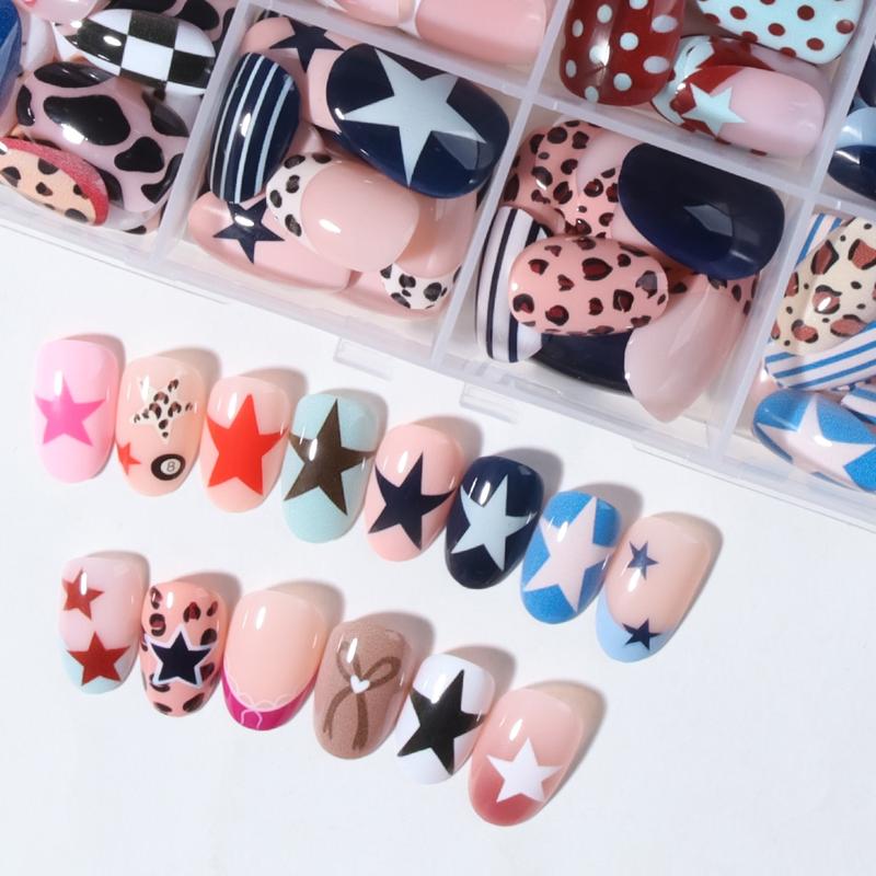 288pcs Acrylic Nail Tips Set, Stylish Acrylic Nails, Short Oval Star Leopard Bow Stripe Cartoon Dot French Design, Reusable Fake Nails for Women Girls