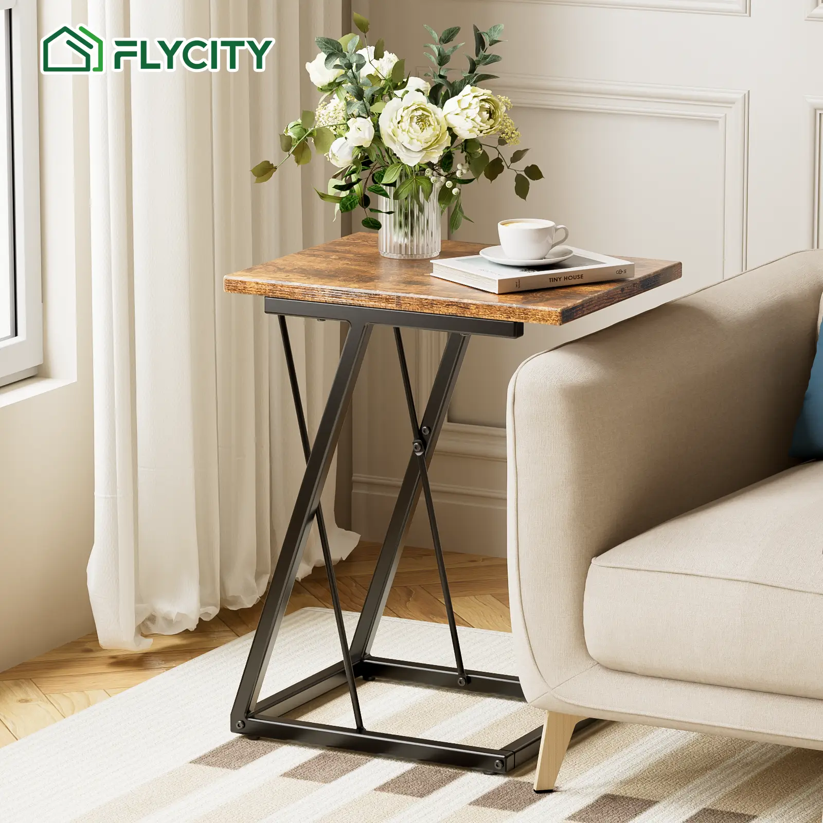 Flycity C Shaped or X Shaped End Table 23" Tall Small Side Table Metal Frame Versatile Design for Living Room, Bedroom, Bedside Minimal Home Furniture