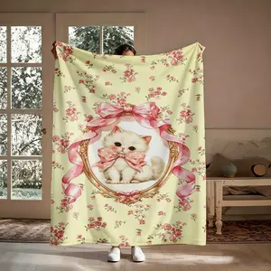 Viral Cottagecore Cat Flannel Throw Blanket, Cute Kitten Pink Roses Golden Frame, Soft Cozy Warm, for Couch Sofa Bed Office Dorm, Gift for Women Girlfriend Her, Birthday Mother's Day Valentine's Day, Aesthetic Hand-Drawn Illustration, Cozy Cuddly Decor