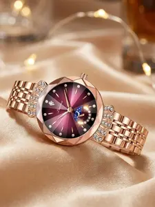 Rose Gold Diamond Women's Watch, Modern Fashionable Wristwatch, Wine Radiant Dial Moon Phase Quartz, Elegant Stainless Steel Strap, Waterproof Analog Buckle Closure