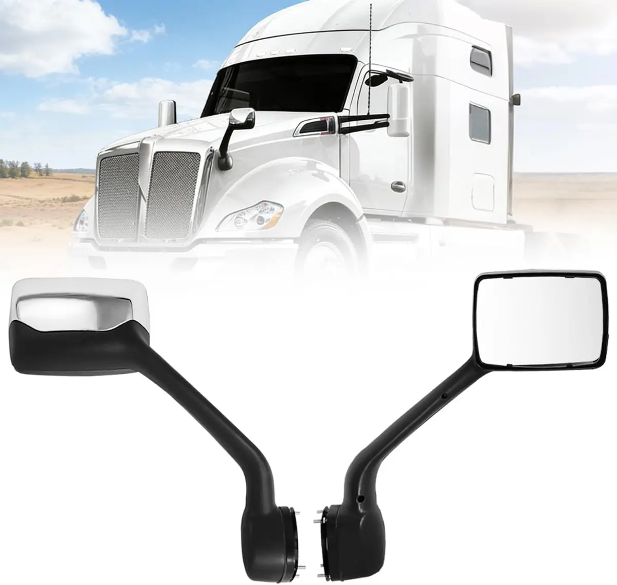 Heavy Duty Truck Chrome Hood Mirror Set, Fits Kenworth T680 2013-2020, Peterbilt 579/587 2010-2017, Driver & Passenger Side Aftermarket ABS Mirrors
