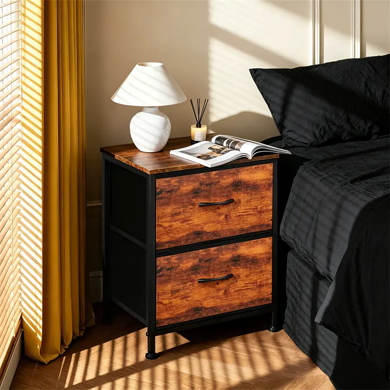 Rustic Brown 2-Drawer Nightstand with Wooden Top, Fabric Bins - Home Organizer for Bedroom, Dorm