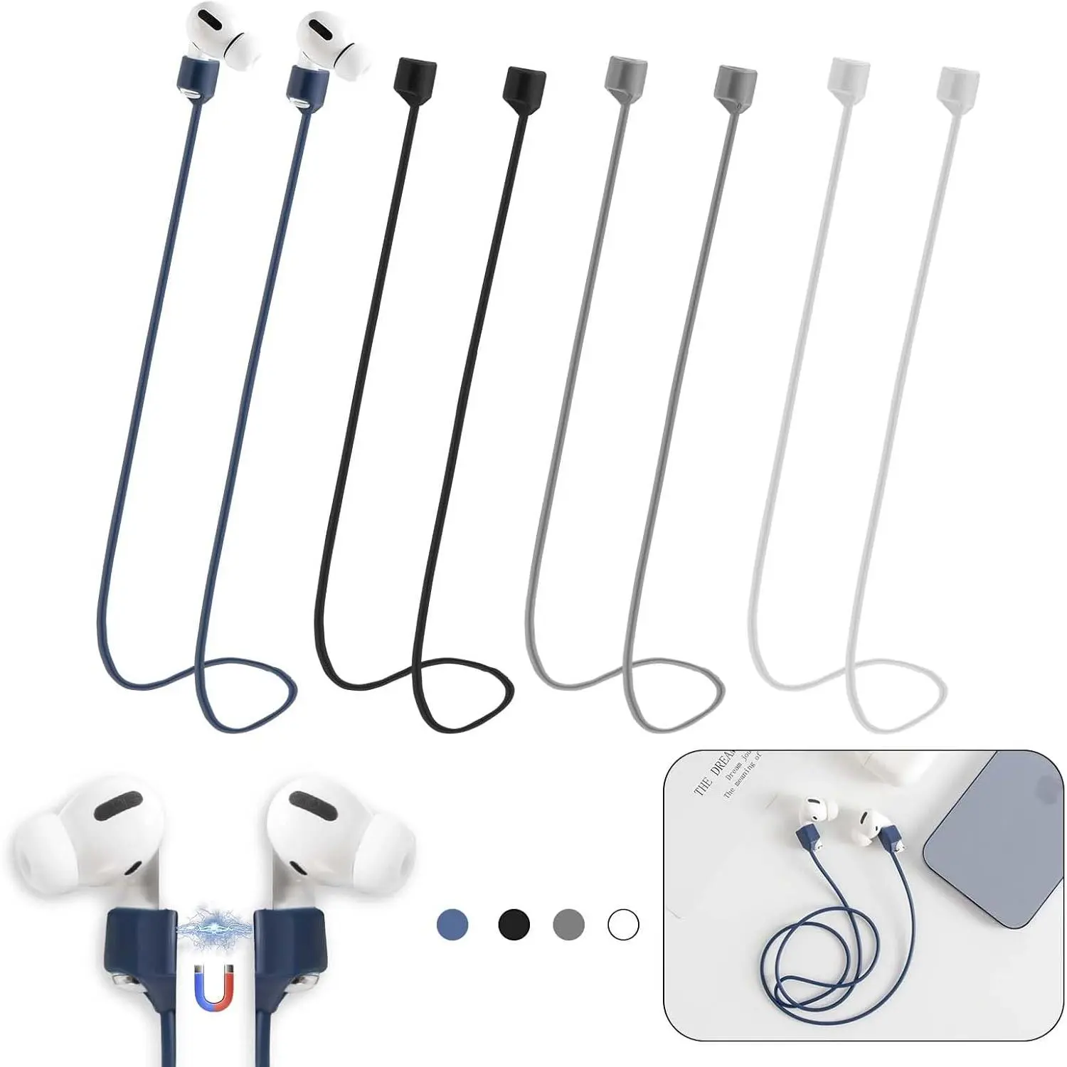Anti-Lost Straps for AirPods,4 Pack Ultra   AirPods Strap Anti-Lost  Rope Cord,Soft   Lanyard Compatible with AirPods 1&2/ Pro /2nd/3rd (Black/White/Grey/Blue)