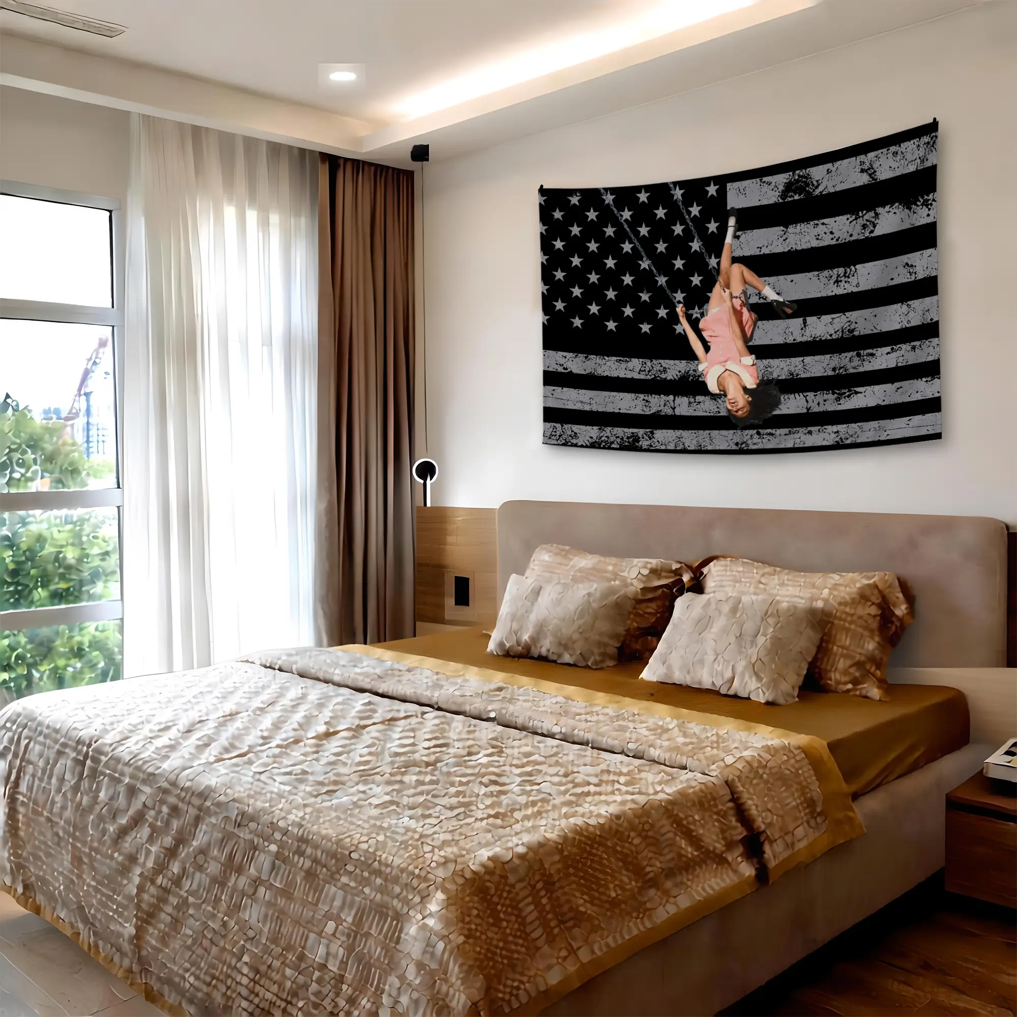 Upside Down Swing American Flag Tapestry, Pink Outfit Girl on Chain Swing with USA Flag Background, Music Inspired Wall Hanging for Bedroom Dorm Living Room, Aesthetic Retro Fan Room Decor, Party Backdrop and Gift