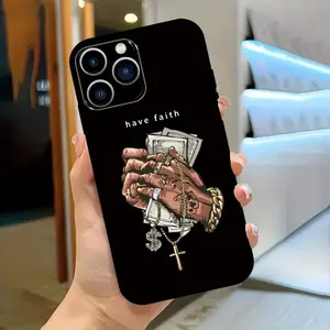 Money Is Faith Pattern Straight Edge Case for iPhone 16 15 14 Pro Max 13 12 11 XR XS Plus Shockproof Non Slip Military-Grade Protection Silicone Cover