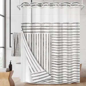 1pc hookless removable shower curtain with buckle lining, black and white striped geometric patchwork design, 2D flat printing, fabric waterproof lining, see-through double-layer shower curtain, 71 x 74 inches, modern home draping curtain