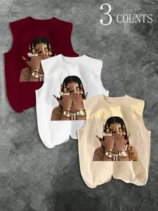 Men's Three-Piece Trendy Casual Sleeveless Printed Vest Set, Face-Wiping Woman Print, Perfect for Summer, Vacation, Friend Gatherings