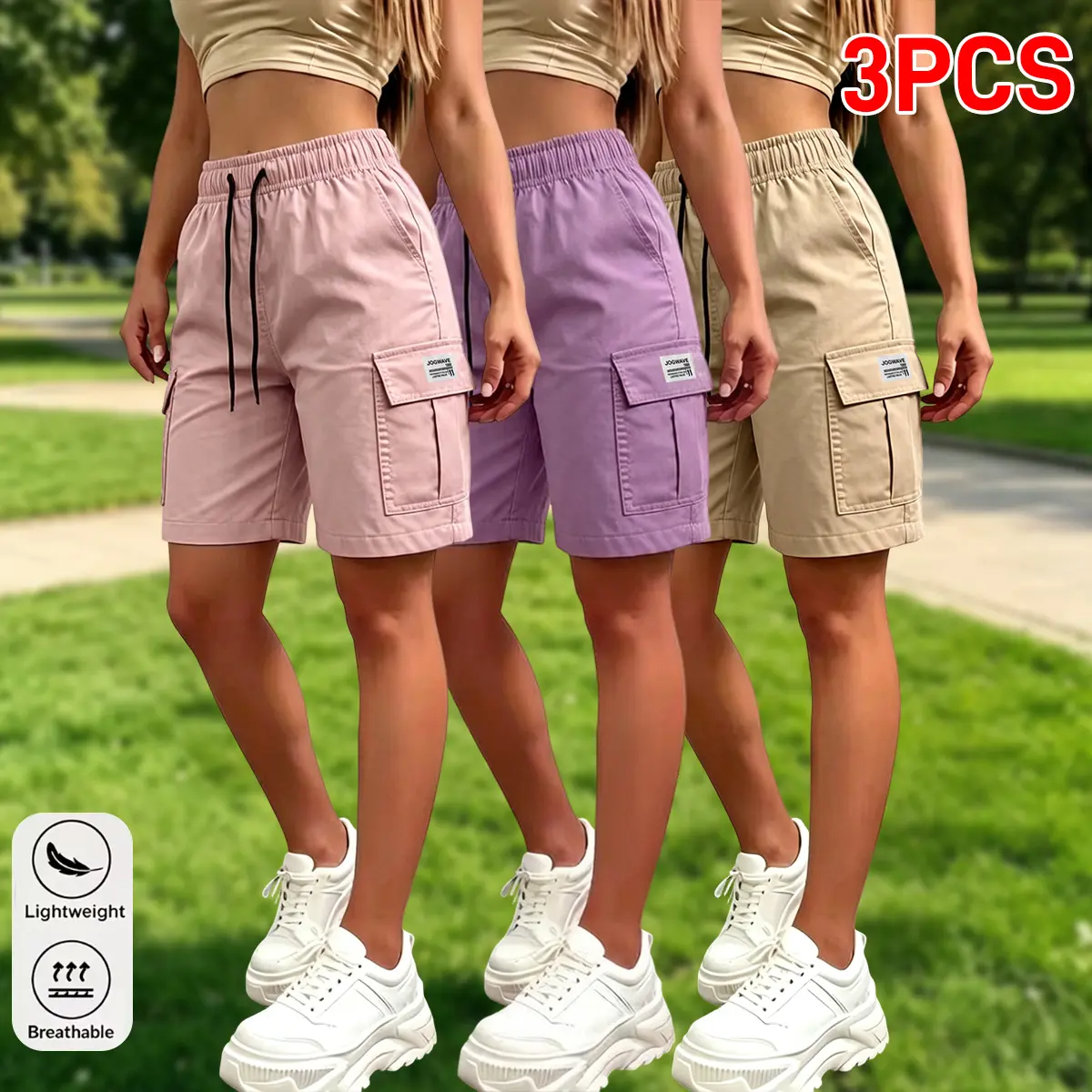 Lady's 3-Pack Mid-Waist Fitted Drawstring Athletic Shorts, Lightweight Quick-Drying Polyester Fabric, Breathable Sporty Chic Summer Activewear with Pockets, Elastic Waistband for Running, Fitness