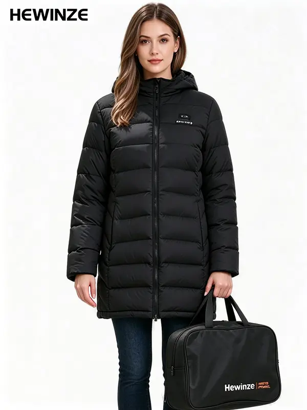 HEWINZE Women's Heated Puffer Coat - High Neck, Detachable Hood, Mid-Length Nylon Blend Jacket with 7.4V Battery Pack, Electric Dual-Control Heating, Black