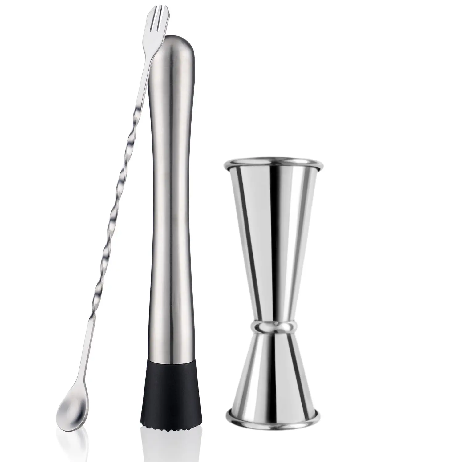 3 Pack Professional Bar Tools Set, Stainless Steel Muddler, Mixing Spoon, Measuring Jigger for Cocktails for Home Bartenders, Mojitos, Margaritas and Fruit-Based Drinks