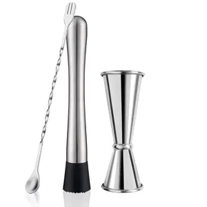 3 Pack Professional Bar Tools Set, Stainless Steel Muddler, Mixing Spoon, Measuring Jigger for Cocktails for Home Bartenders, Mojitos, Margaritas and Fruit-Based Drinks