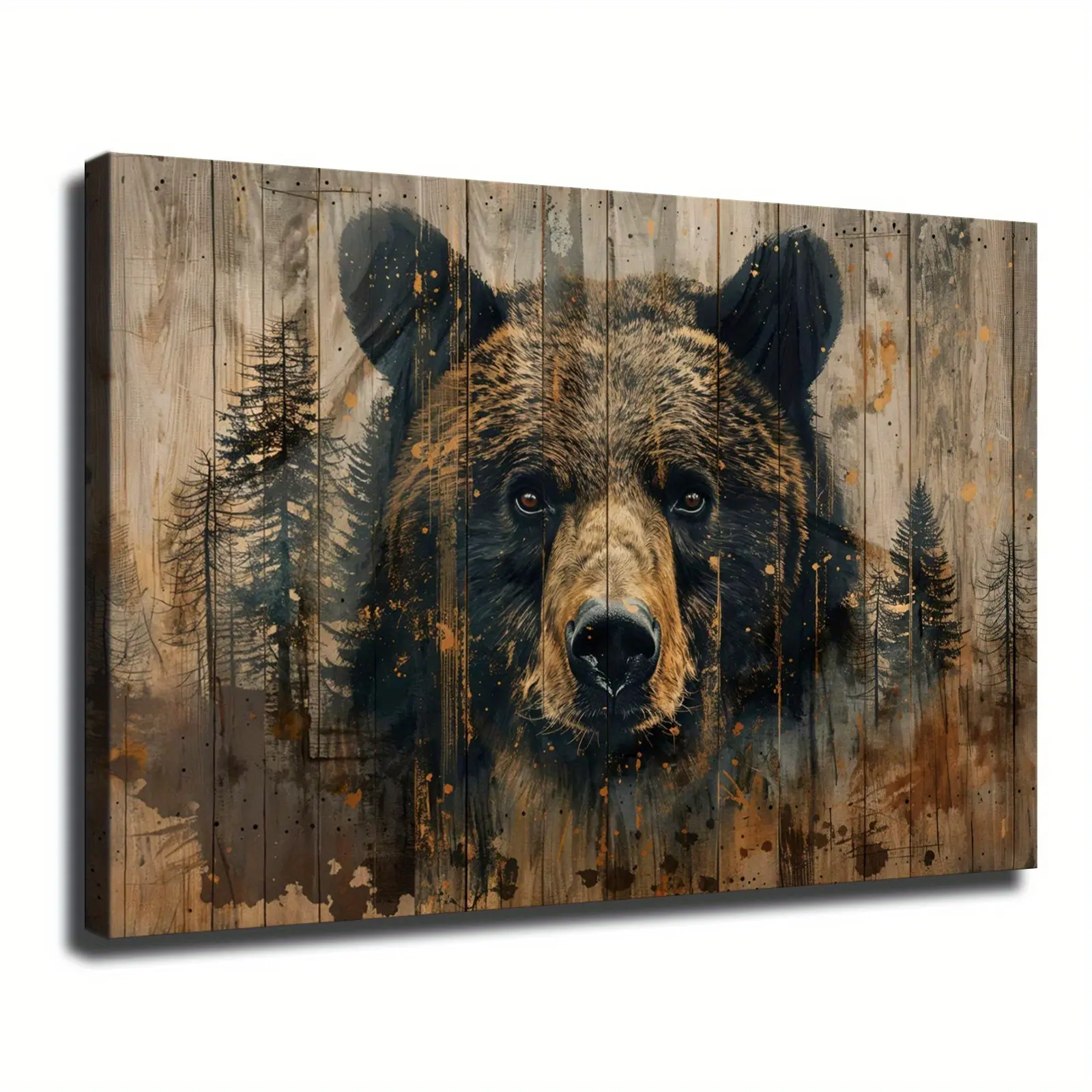 Forest Bear Portrait Canvas Wood Wall Art - Wildlife Print, Country Rustic Home Decor, Ready-to-Hang Gallery Wall Gift for Cottage Spaces