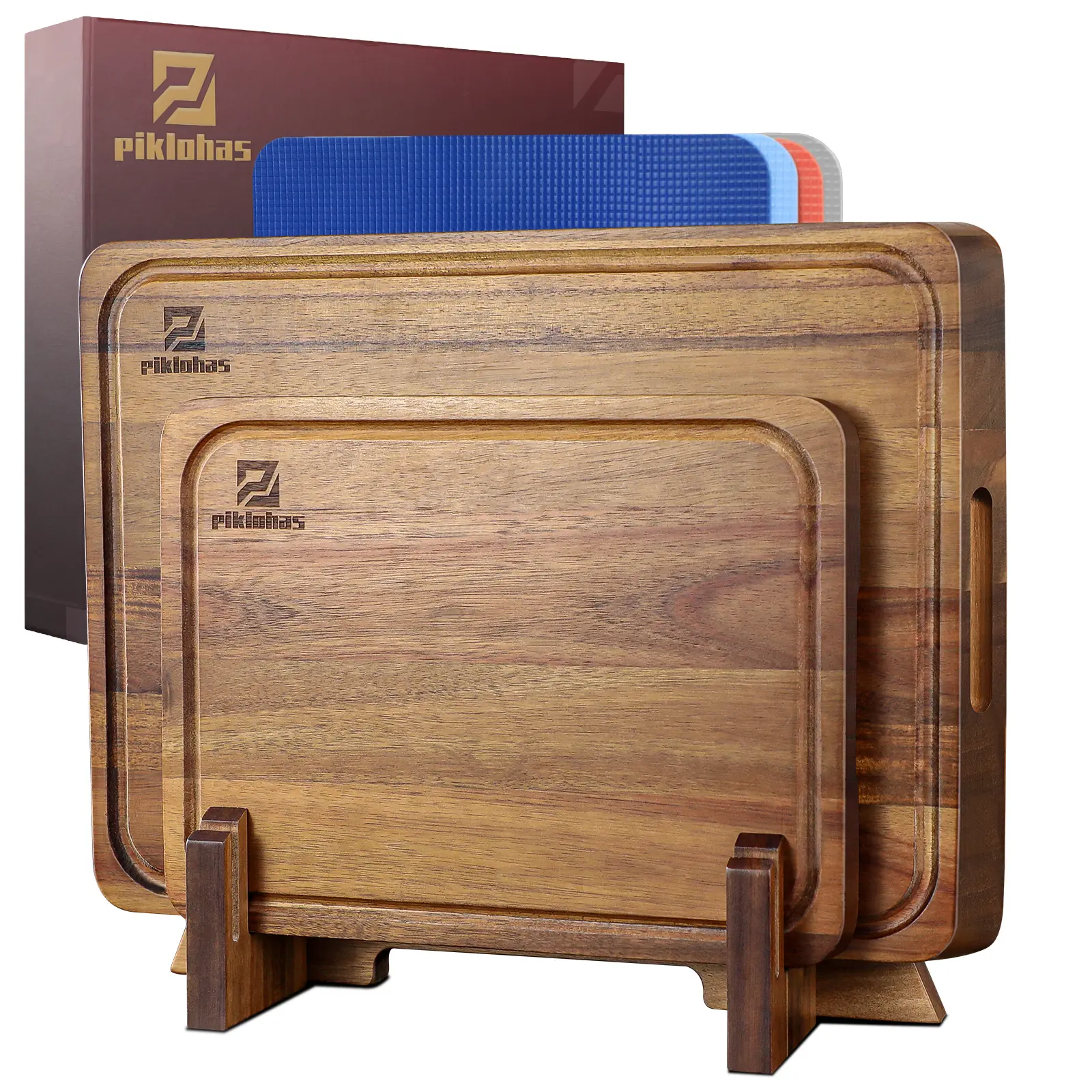 【TikTokShopJumpstart】Acacia Wood Cutting Boards Large Set of 7, Charcuterie Chopping Board for Kitchen with Holder, Plastic Serving Board Mats, Juice Groove, Reversible Butcher Block for Meat Cheese Bread Valentines Day Gift