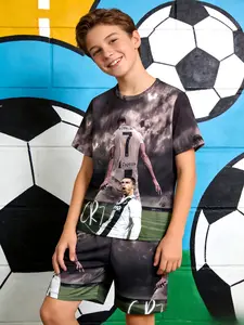 Boys' Cr7 Football Jersey & Short Set, Dark Background Design, All-Over Printed Casual Summer, Suitable for Parties & School